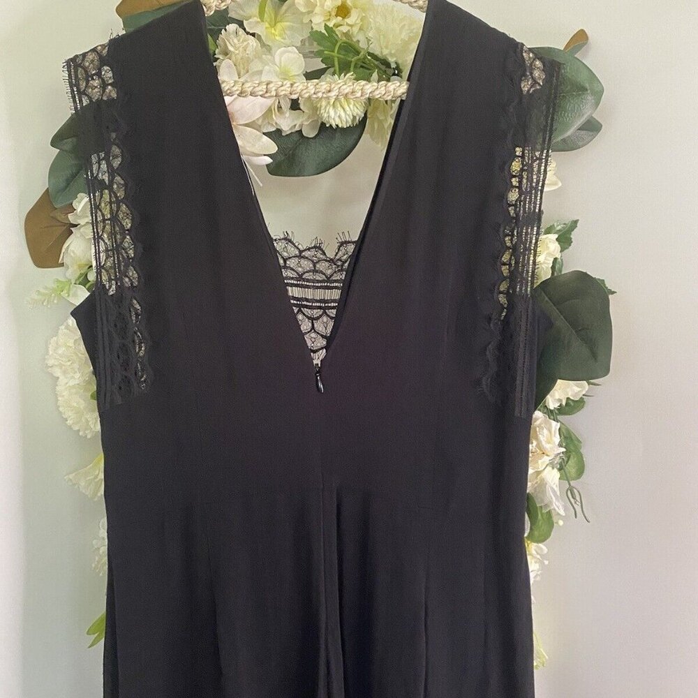 Sandro Palazzo Plunge V-Neck Lace Trim Wide Leg Jumpsuit in Black Med $495 NWOT - Picture 16 of 16